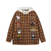 Embroidered Plaid Stickered Hooded Sweater